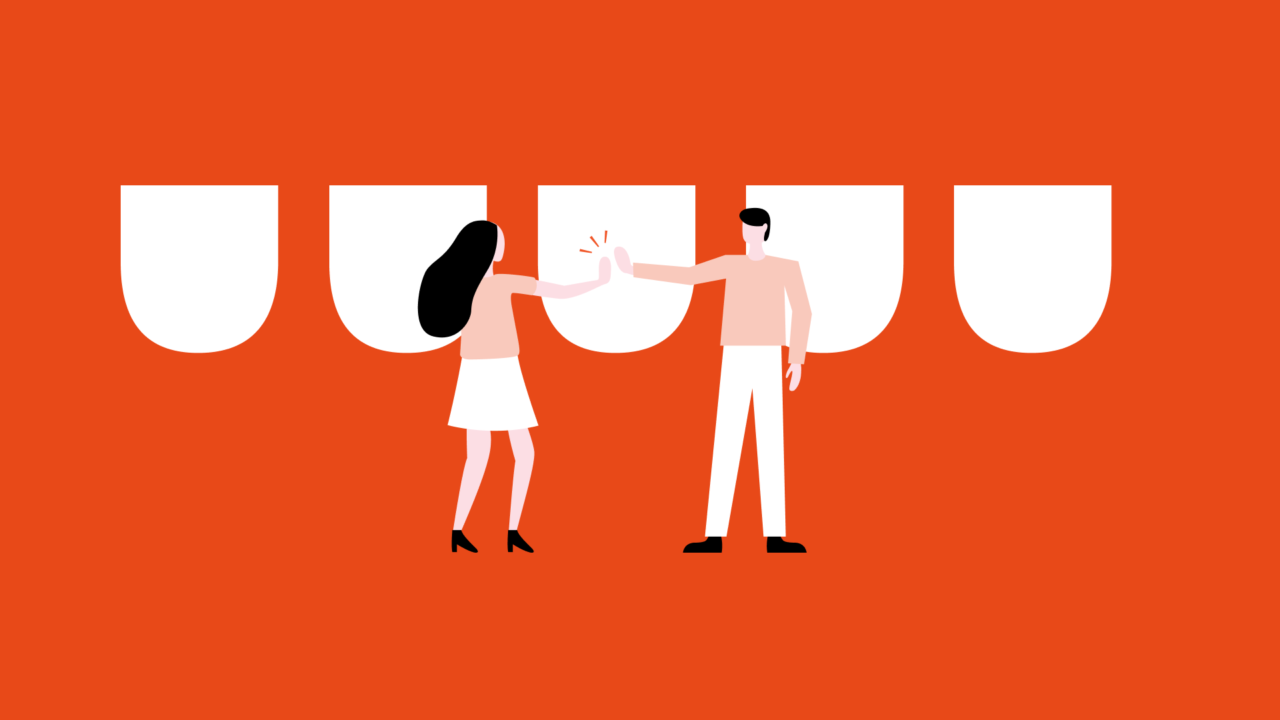 Illustration of people doing a hi five in front of basket shapes that represent values.